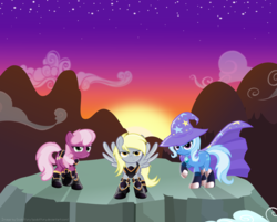 Size: 3730x3000 | Tagged: safe, artist:godoffury, cheerilee, derpy hooves, trixie, pegasus, pony, g4, armor, female, mare, sunset