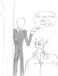 Size: 694x905 | Tagged: safe, artist:zeromidnight, derpy hooves, pegasus, pony, g4, clothes, female, mare, slenderman, speech bubble, suit, traditional art