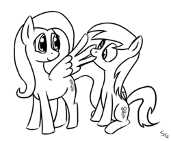 Size: 1280x1053 | Tagged: safe, artist:saine grey, derpy hooves, fluttershy, pegasus, pony, g4, black and white, derpyshy, female, grayscale, lesbian, mare, monochrome, preening, shipping, simple background, white background