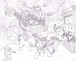 Size: 1239x997 | Tagged: safe, artist:joey darkmeat, apple bloom, scootaloo, sweetie belle, earth pony, pony, g4, crossover, cutie mark crusaders, dispenser, engineer, engineer (tf2), meet the engineer, monochrome, sentry, sketch, team fortress 2, traditional art