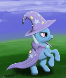 Size: 858x1006 | Tagged: safe, artist:luffsas, trixie, g4, cape, clothes, full body, hat, rearing, solo, trixie's brooch, trixie's cape, trixie's hat