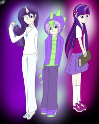 Size: 1212x1513 | Tagged: safe, artist:shinkou-san, rarity, spike, twilight sparkle, g4, clothes, hoodie, horn, horned humanization, humanized