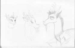 Size: 1024x651 | Tagged: safe, artist:roboponylove, discord, draconequus, pony, g4, age difference, age regression, aging, male, pencil drawing, sketch, stallion, traditional art