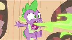 Size: 640x362 | Tagged: safe, screencap, spike, dragon, g4, it's about time, burp, dragonfire, fire, fire breath, fire burp, green fire, male, solo