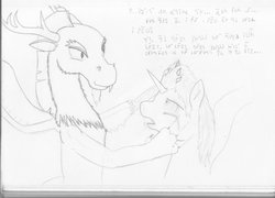 Size: 1024x738 | Tagged: safe, artist:roboponylove, discord, oc, alicorn, draconequus, pony, g4, alicorn oc, constructed language, discorded, female, gibberish, interrogation, male, mare, pencil drawing, scratching, sketch, stallion, text, traditional art, unreadable text