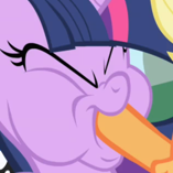 Size: 157x157 | Tagged: safe, screencap, applejack, twilight sparkle, unicorn, friendship is magic, g4, cropped, faic, hoof in mouth, hoofjack, out of context, unicorn twilight