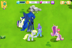 Size: 960x640 | Tagged: safe, gameloft, screencap, apple bloom, bon bon, derpy hooves, princess cadance, princess luna, sweetie drops, trixie, pegasus, pony, g4, butt wings, female, her royal enormity, mare, size difference