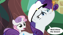 Size: 640x360 | Tagged: safe, edit, edited screencap, screencap, rarity, sweetie belle, g4, sisterhooves social, chat bubble, hat, pipe, popeye, rareye the sailormare, youtube link