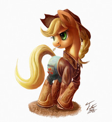 Size: 800x879 | Tagged: safe, artist:tsitra360, applejack, g4, alternate hairstyle, boots, braid, clothes, crossed hooves, female, hoof boots, jeans, solo, straw