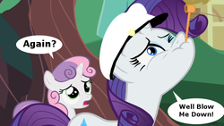 Size: 640x360 | Tagged: safe, artist:bucky, edit, edited screencap, screencap, rarity, sweetie belle, g4, sisterhooves social, chat bubble, hat, pipe, popeye, rareye the sailormare, sailor