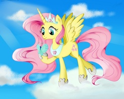 Size: 1000x800 | Tagged: safe, artist:vird-gi, fluttershy, alicorn, butterfly, pony, g4, alicornified, cloud, cloudy, female, fluttercorn, race swap, solo