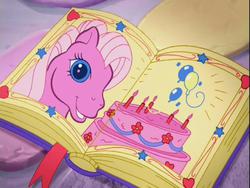 Size: 640x480 | Tagged: safe, screencap, pinkie pie (g3), earth pony, pony, a very pony place, g3, positively pink, birthday book, birthday cake, book, cake, female, food, mare, party cake place, pink, solo