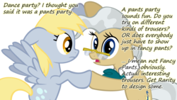 Size: 900x506 | Tagged: safe, derpy hooves, mayor mare, rarity, earth pony, pegasus, pony, g4, lesson zero, clothes, dance party, duo, duo female, female, insane pony thread, mare, pants, pants party, simple background, transparent background, tumblr