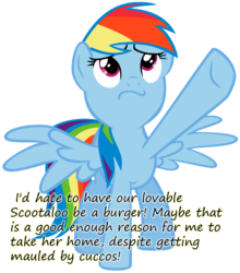 Size: 791x900 | Tagged: safe, rainbow dash, scootaloo, pegasus, pony, g4, chicken burger, cucco, insane pony thread, scootaburger, the legend of zelda, tumblr