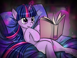 Size: 1024x768 | Tagged: dead source, safe, artist:princesssilverglow, twilight sparkle, g4, bed, book, female, solo