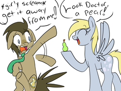 Size: 1400x1050 | Tagged: safe, artist:applejack-lover-fan, derpy hooves, doctor whooves, time turner, earth pony, pegasus, pony, lovestruck derpy, g4, dialogue, doctor who, female, girly scream, mare, pear, that pony sure does hate pears, the doctor