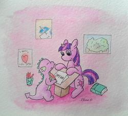 Size: 957x869 | Tagged: safe, artist:phano, shining armor, spike, twilight sparkle, g4, baby spike, filly twilight sparkle, quill, traditional art, writing