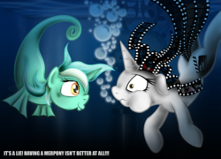 Size: 1280x923 | Tagged: safe, artist:jamescorck, lyra heartstrings, oc, oc:movie slate, sea pony, g4, seapony lyra, underwater