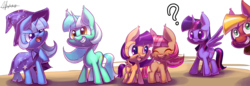 Size: 6356x2176 | Tagged: safe, artist:jggjqm522, babs seed, big macintosh, lyra heartstrings, scootaloo, trixie, twilight sparkle, alicorn, pony, g4, alternate hairstyle, female, mare, simple background, transparent background, twilight sparkle (alicorn)