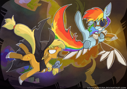 Size: 3200x2250 | Tagged: safe, artist:mahsira, applejack, rainbow dash, g4, action pose, amputee, artificial wings, augmented, cape, clothes, fight, flying, goggles, mechanical wing, prosthetic limb, prosthetic wing, prosthetics, steampunk, wings