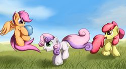Size: 1668x922 | Tagged: safe, artist:grennadder, apple bloom, scootaloo, sweetie belle, g4, ball, big hooves, cutie mark crusaders, female, filly, foal, long tail, playing, tail, trio