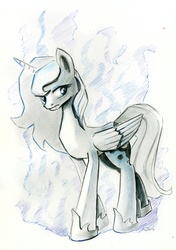 Size: 640x908 | Tagged: safe, artist:maytee, princess luna, g4, female, grayscale, solo, traditional art