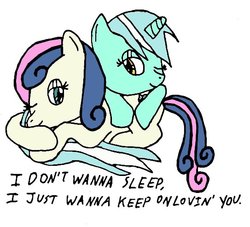 Size: 543x493 | Tagged: safe, artist:closer-to-the-sun, bon bon, lyra heartstrings, sweetie drops, earth pony, pony, unicorn, g4, adorabon, cuddling, cute, female, keep on loving you, lesbian, looking at each other, lyrabetes, one eye closed, reo speedwagon, ship:lyrabon, shipping, simple background, snuggling, song reference, white background