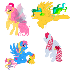 Size: 1000x1000 | Tagged: safe, artist:masqueadrift, masquerade (g1), rosedust, sugar apple, sweet pop (g1), tic tac toe (g1), earth pony, flutter pony, pegasus, pony, g1, female, foal, mare, queen rosedust