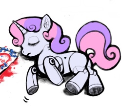 Size: 500x450 | Tagged: safe, artist:(kari), sweetie belle, pony, robot, robot pony, unicorn, friendship is witchcraft, g4, blank flank, butt, eyes closed, female, filly, foal, hooves, horn, lying down, pixiv, plot, simple background, sleeping, solo, sweetie bot, white background
