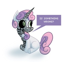 Size: 500x433 | Tagged: safe, artist:etall, sweetie belle, pony, robot, robot pony, unicorn, g4, blank flank, comic, female, filly, foal, hooves, horn, robot gore, simple background, sitting, solo, sweetie bot, white background
