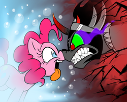 Size: 739x594 | Tagged: safe, artist:mickeymonster, king sombra, pinkie pie, earth pony, pony, unicorn, g4, bubble, fangs, female, male, mare, noseboop, stallion, tongue out