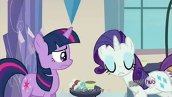 Size: 1023x576 | Tagged: safe, screencap, rarity, twilight sparkle, g4, games ponies play, youtube caption