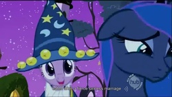 Size: 1023x576 | Tagged: safe, screencap, princess luna, star swirl the bearded, twilight sparkle, g4, luna eclipsed, clothes, cosplay, costume, hub logo, nightmare night costume, star swirl the bearded costume, twilight the bearded, youtube caption