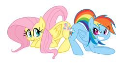 Size: 744x388 | Tagged: safe, artist:elslowmo, artist:jessy, fluttershy, rainbow dash, pegasus, pony, g4, butt bump, butt to butt, butt touch, colored, duo, duo female, female, mare, simple background, transparent background