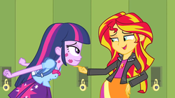 Size: 900x505 | Tagged: safe, artist:pixelkitties, edit, edited screencap, screencap, sunset shimmer, twilight sparkle, equestria girls, g4, my little pony equestria girls, female, it begins, kiss mark, lesbian, ship:sunsetsparkle, shipping