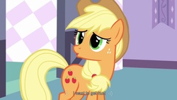 Size: 1023x576 | Tagged: safe, screencap, applejack, earth pony, pony, g4, spike at your service, female, mare, masochism, youtube caption