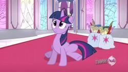 Size: 1280x720 | Tagged: safe, screencap, twilight sparkle, pony, g4, the crystal empire, adorkable, bags, book, cute, dork, hub logo, hubble, quill, scroll