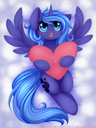 Size: 1200x1600 | Tagged: safe, artist:spittfireart, princess luna, alicorn, pony, g4, :o, cute, digital art, female, filly, filly luna, heart, heart eyes, heart pillow, horn, hug, lunabetes, lying, lying down, on back, open mouth, pillow, pillow hug, solo, spread wings, wingding eyes, wings, woona, younger