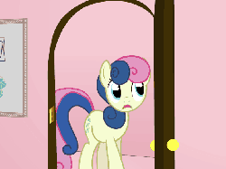 Size: 640x480 | Tagged: safe, artist:myminiatureequine, artist:ralek, bon bon, lyra heartstrings, sweetie drops, earth pony, pony, unicorn, g4, animated, awkward, awkward moment, bipedal, caught, clothes, door, eye contact, female, frown, funny, funny as hell, gif, greatest internet moments, humie, i like pants, lyra doing lyra things, mare, pants, raised hoof, reflection, talking, wide eyes