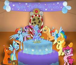 Size: 3500x3000 | Tagged: safe, artist:conner cogwork, artist:darnelg, artist:ponypie, artist:scherzo, artist:terra-aquis, artist:theparagon, artist:toonboy92484, carrot top, golden harvest, pinkie pie, rainbow dash, trixie, twilight sparkle, oc, oc:jackie, oc:rainbow pie, oc:scroll scribe, g4, birthday, cake, fusion, fusion paradox, fusion ponidox, fusion:pinkie pie, fusion:pinkiedash, fusion:rainbow dash, giant cake, magical lesbian spawn, offspring, parent:applejack, parent:twilight sparkle, parents:twijack, pirate dash, race swap, self paradox, self ponidox, tumblr