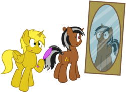 Size: 1024x745 | Tagged: safe, artist:clamstacker, oc, oc only, oc:star sparkler, oc:ticket, alicorn, pony, alicorn oc, mirror, rule 63, simple background, ticketsparkler, transparent background