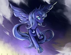 Size: 800x625 | Tagged: safe, artist:hash, princess luna, g4, female, flying, pixiv, s1 luna, solo