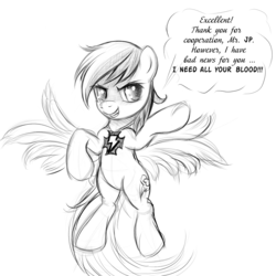 Size: 1200x1200 | Tagged: safe, artist:rainbow, rainbow dash, pegasus, pony, vampire, vampony, g4, amulet, black and white, element of loyalty, female, grayscale, mare, monochrome, pointing, simple background, solo, speech bubble, white background