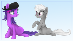 Size: 900x509 | Tagged: safe, artist:mn27, earth pony, pony, g4, beret, female, gradient background, hat, littlest pet shop, looking at each other, looking at someone, mare, pepper clark, ponified, smiling, zoe trent