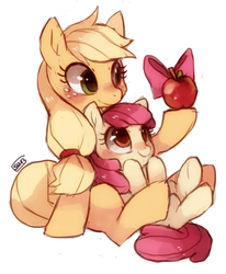 Size: 652x793 | Tagged: dead source, safe, artist:suikuzu, apple bloom, applejack, earth pony, pony, g4, adorabloom, apple, apple bloom's bow, apple sisters, bow, cute, female, filly, foal, freckles, hair bow, mare, siblings, signature, simple background, sisters, sitting, white background