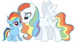 Size: 5000x2827 | Tagged: safe, artist:jennieoo, rainbow dash, oc, oc:prism rain, g4, filly, show accurate, younger