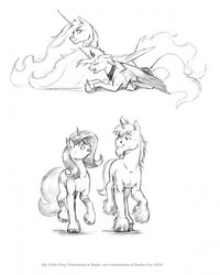 Size: 1022x1280 | Tagged: safe, artist:baron engel, princess celestia, princess luna, oc, oc:paynes grey, oc:sunrise, g4, monochrome, pencil drawing, traditional art, unshorn fetlocks