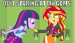 Size: 789x450 | Tagged: safe, edit, edited screencap, screencap, sunset shimmer, twilight sparkle, equestria girls, g4, my little pony equestria girls, animated, duo, female, image macro