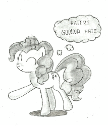 Size: 680x787 | Tagged: safe, artist:poperok, pinkie pie, earth pony, pony, g4, animated, female, frame by frame, gif, haters gonna hate, mare, meme, thought bubble, traditional animation, walking