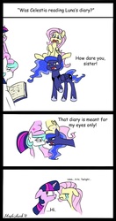 Size: 830x1575 | Tagged: safe, artist:strebiskunk, fluttershy, princess celestia, princess luna, twilight sparkle, alicorn, pegasus, pony, unicorn, ask horn warmer twilight, g4, angry, blushing, book, comic, crying, dialogue, diary, embarrassed, ethereal mane, female, floppy ears, fluttershy riding luna, folded wings, horn, horn warmer, implied anal, implied horn penetration, implied penetration, mare, ponies riding ponies, pony hat, riding, signature, simple background, surprised, twilight riding celestia, unicorn twilight, white background, wide eyes, wings